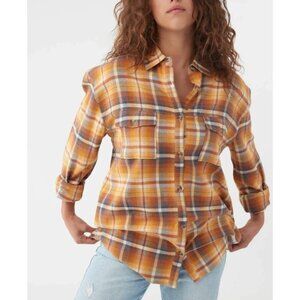 O'NEILL Coat Check Flannel Shirt S Orange Plaid Button Long Sleeve 100% Cotton
